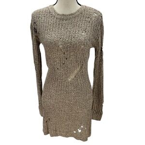 Planet Gold Long Sleeve Distressed Sweater Mini Dress - Tan - size XS